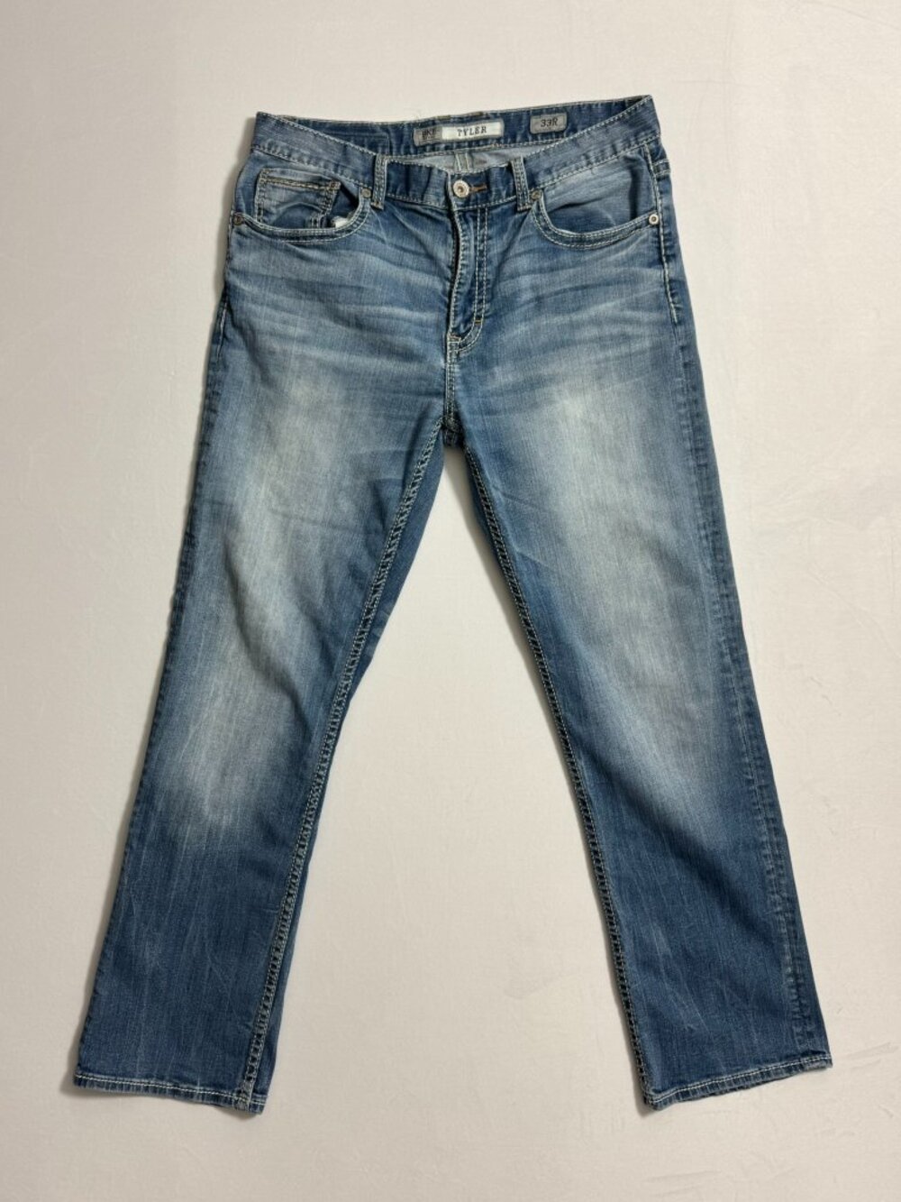BKE Denim Tyler Straight Light Medium Wash Contrast Stitch Jeans Men’s 33R 33 Re